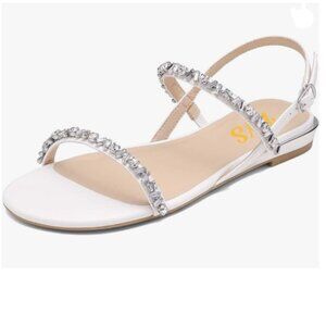 FYS White Cute Open Toe Sandals Sparkly Rhinestone Strappy Low Heels Buckle Shoe